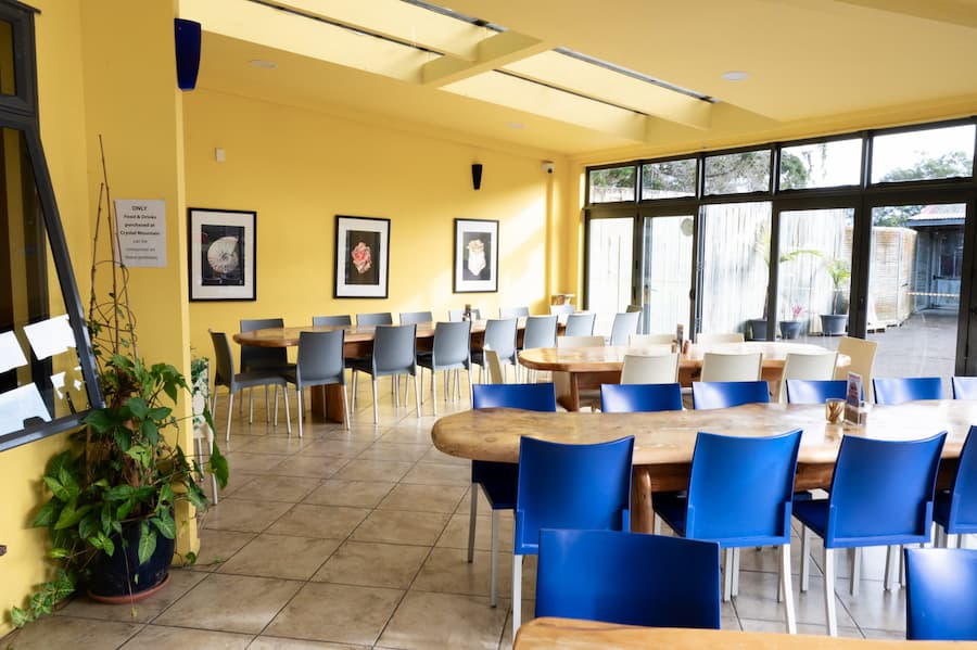A bright dining or meeting space with yellow walls, multiple wooden tables, blue and gray chairs, framed wall art, tiled flooring, and large windows looking out onto a fenced yard.