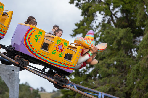 Children on a colorful roller coaster ride with trees in the background