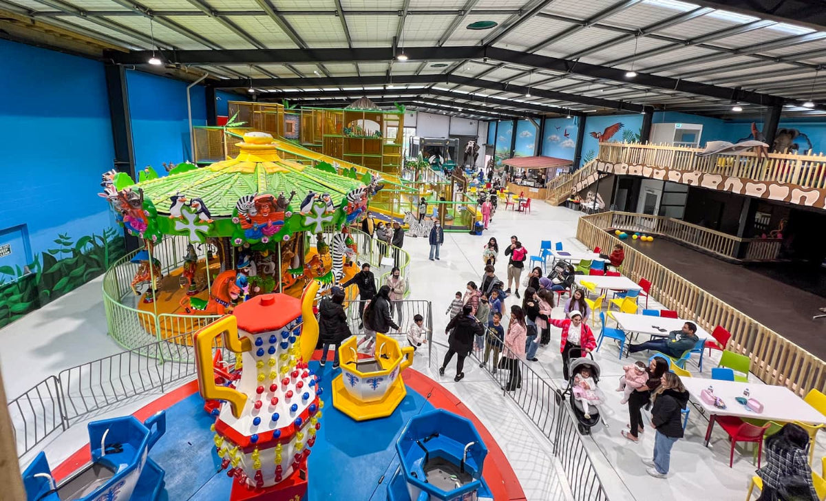 Children's indoor play area with a carousel and various play structures.