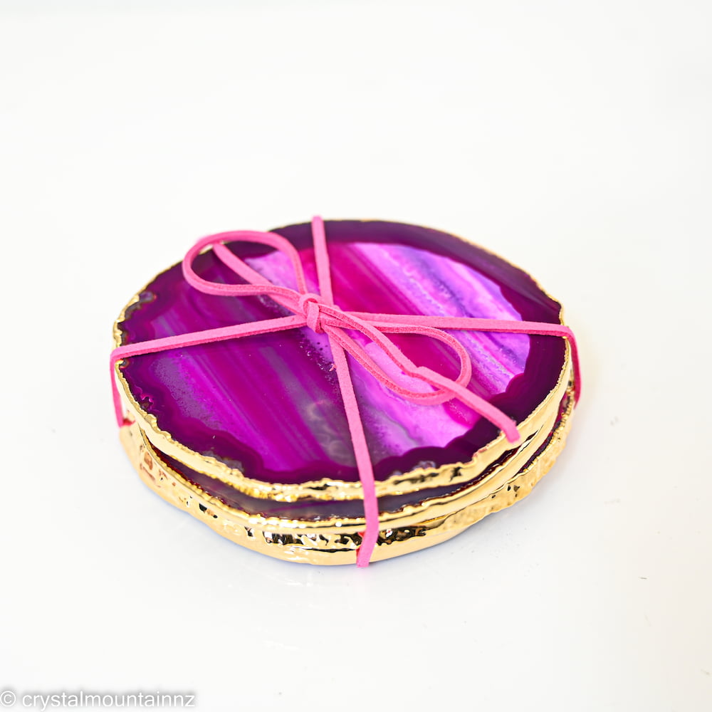 Gold Plated Agate Slice Coaster Set- Pink