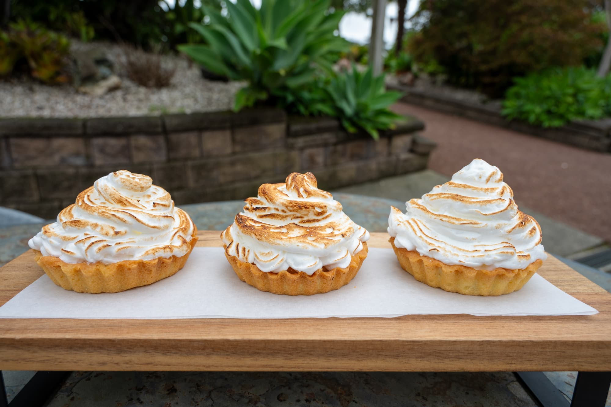 Three meringue-topped tarts on a wooden table with a garden background